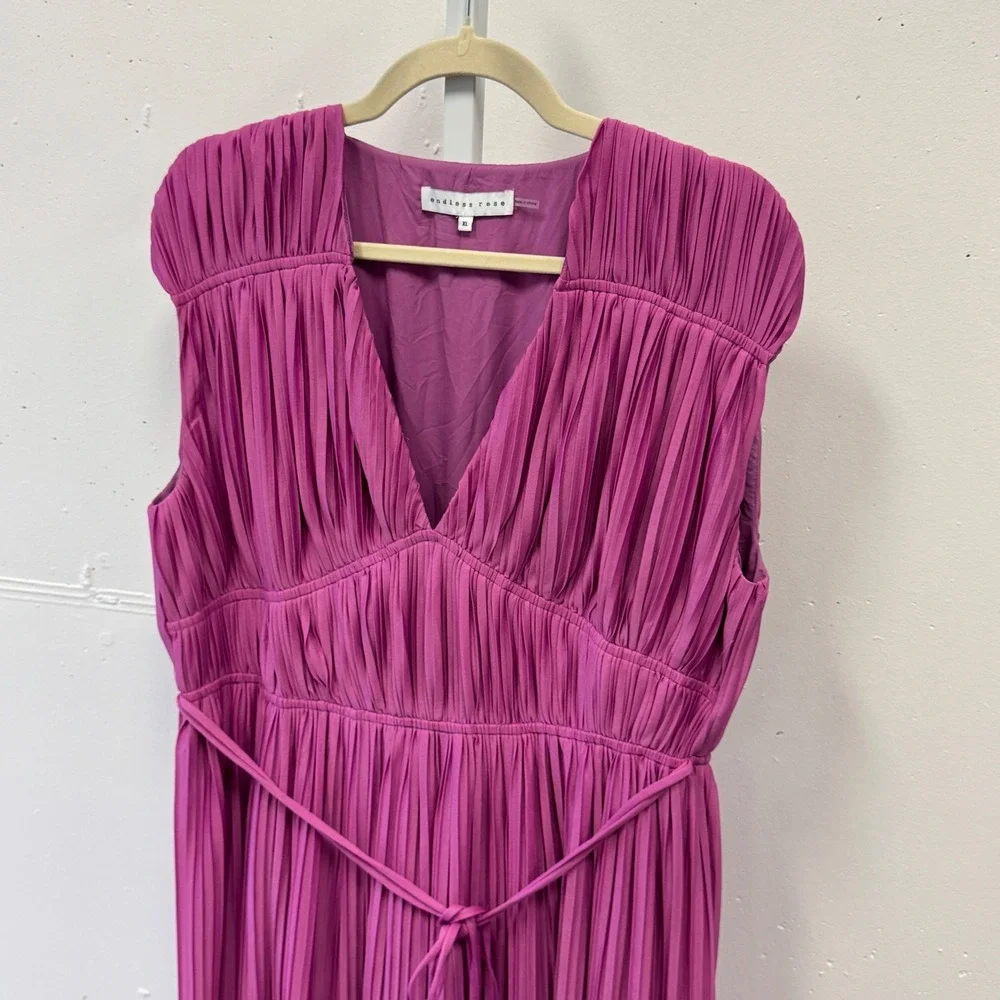 Endless Rose Magenta Pink Pleated Maxi A-line Dress V-Neck Sleeveless XL Brunch